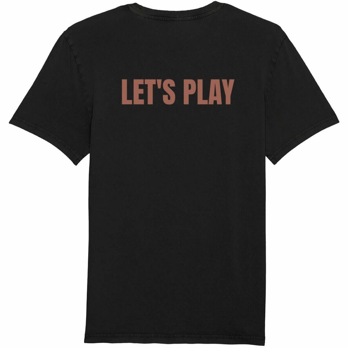 Unisex vintage t-shirt "LET'S PLAY" design in black, back view, 100% organic cotton, lightweight, XS to 2XL sizes