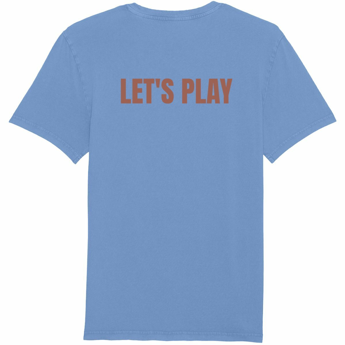 Unisex vintage t-shirt in blue with "LET'S PLAY" text on the back, made from 100% organic cotton, lightweight and top quality.