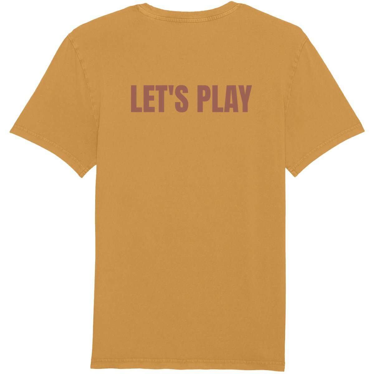 Unisex vintage t-shirt in mustard color with "LET'S PLAY" text on the back, made from 100% organic cotton.