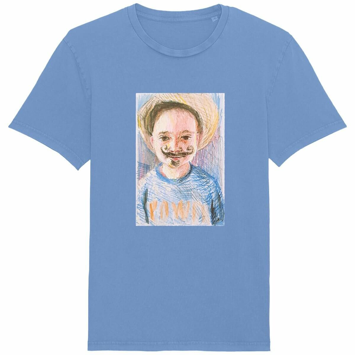 Blue unisex vintage t-shirt with a drawing of a smiling child wearing a hat on the front.