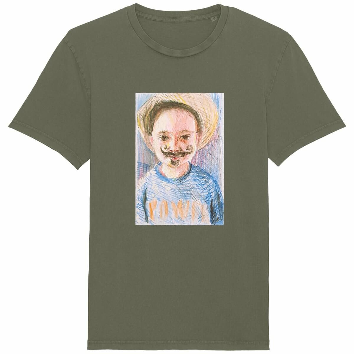 Unisex vintage t-shirt in green with a child drawing of a boy with a mustache and hat - 100% organic cotton, lightweight, and premium quality.